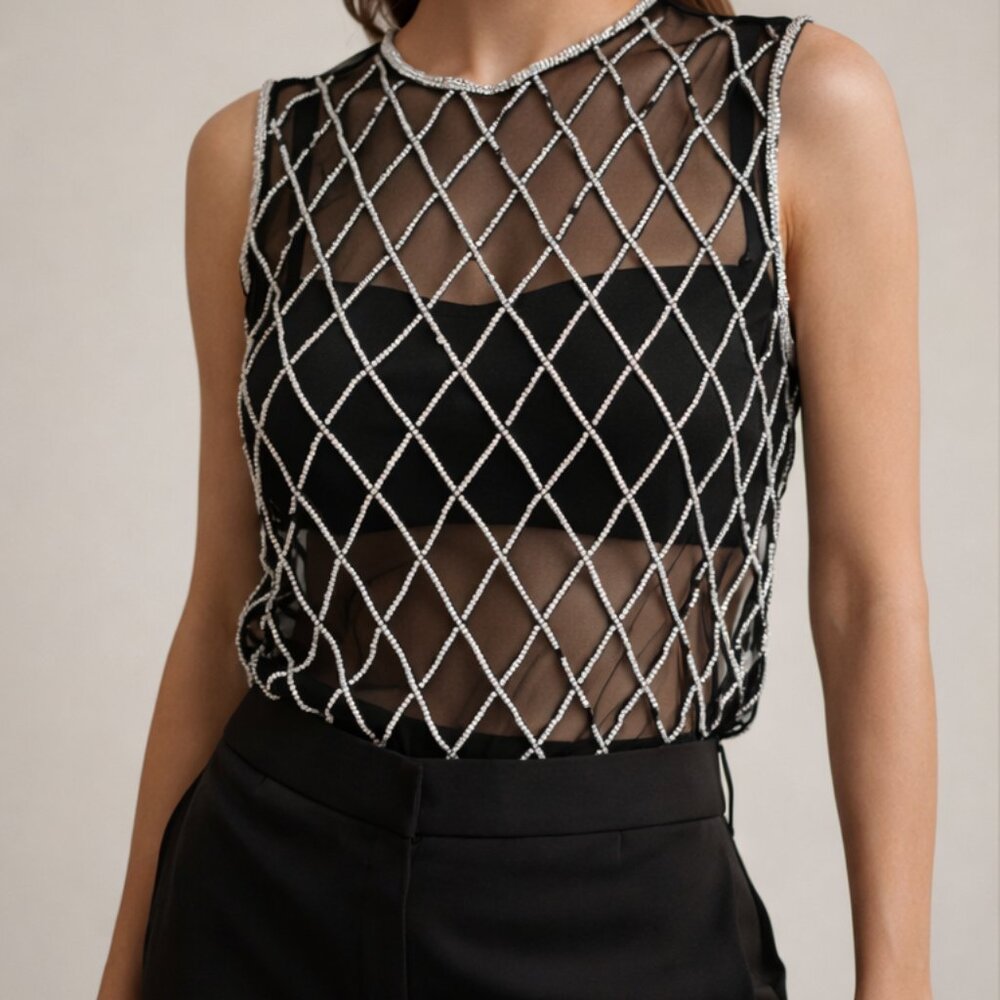 NWT Alice + Olivia Crystal Embellished Open Knit Chiffon Top Designer